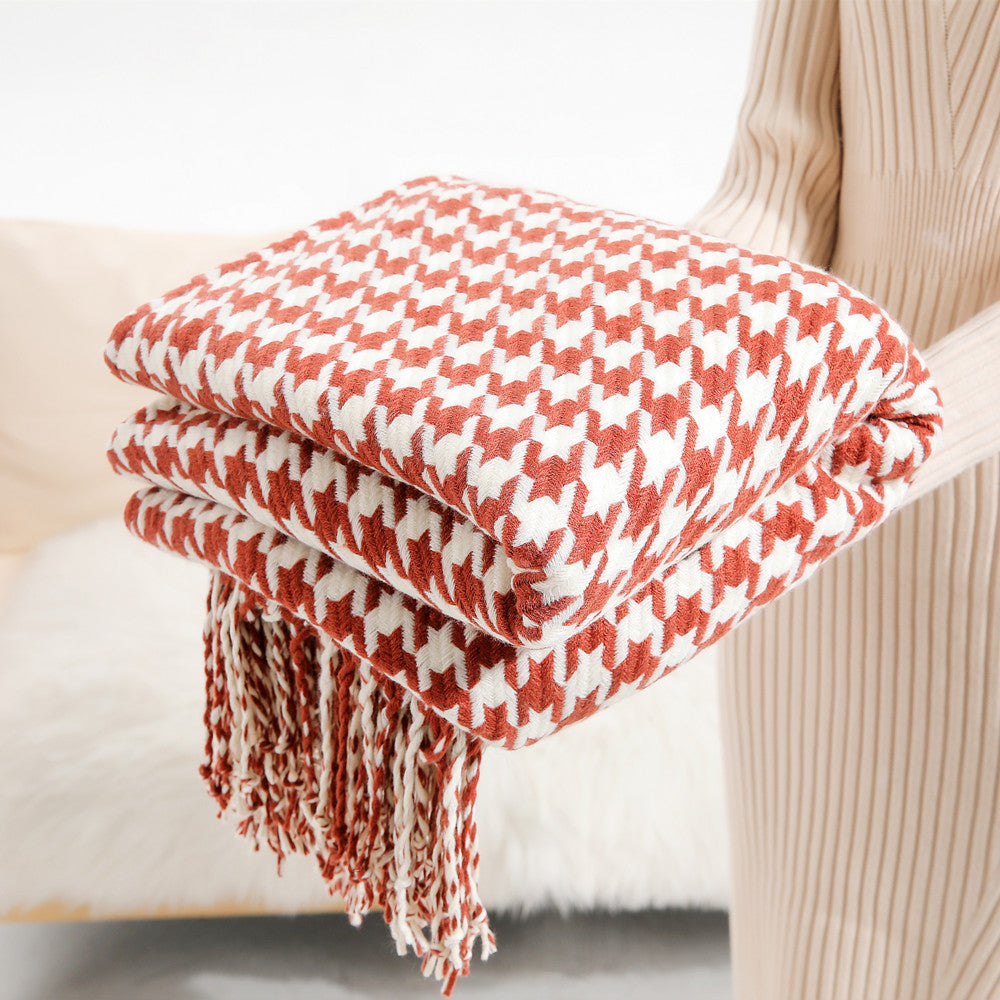 Ins Style Houndstooth Throw Blanket with Fringe
