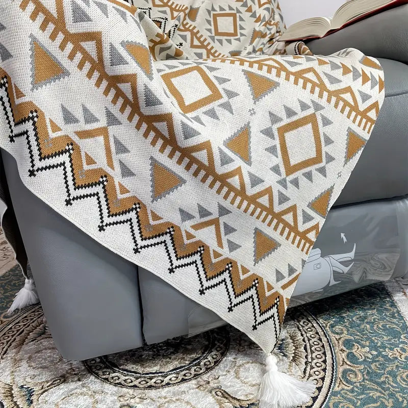 Bohemian Knitted Jacquard Tassel Throw Blanket